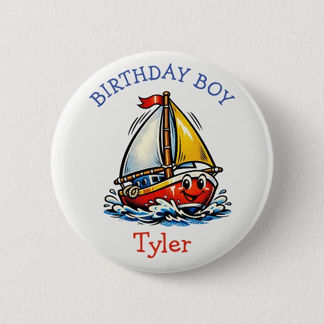 Personalized Birthday Boy Pop Art Sailboat 6 Cm Round Badge (Front)