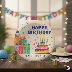 Personalized Birthday Cake Presents Confetti Paper Plate