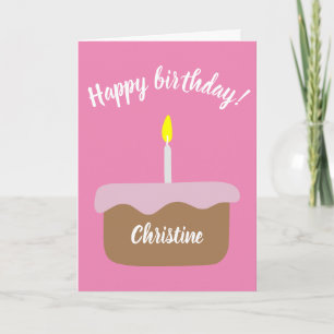 Personalized Birthday Cake w/ Lit Candle   Pink Card