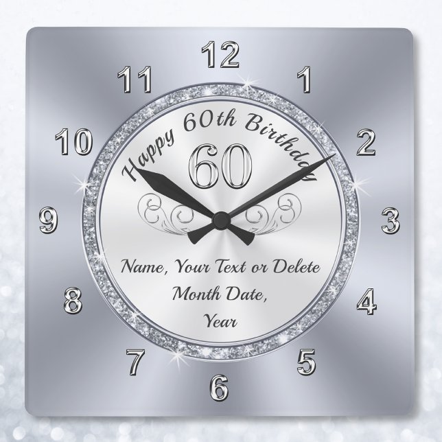 Personalized, Birthday Gifts for 60 year old Woman Square Wall Clock (60th birthday gift ideas for him. 60th birthday gift for her. Personalized, 60th birthday presents.)