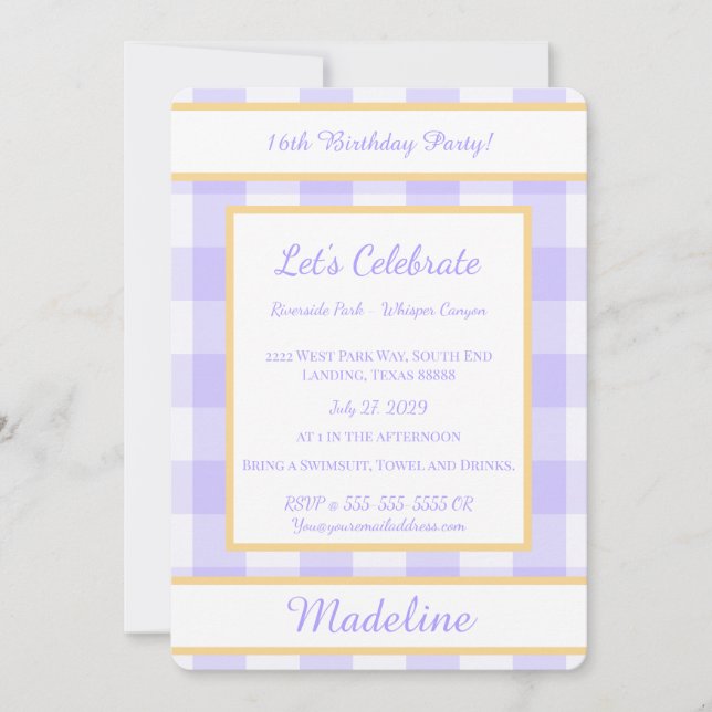 Personalized Birthday Gingham Purple Invitation (Front)