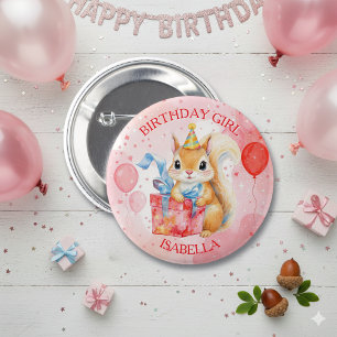 Personalized Birthday Girl's Squirrel Pink and Red 6 Cm Round Badge