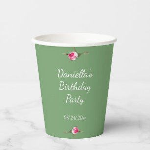 Personalized Birthday Party Floral Spray Green   Paper Cups