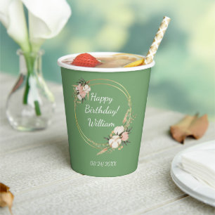 Personalized Birthday Party Floral Spray Green   Paper Cups
