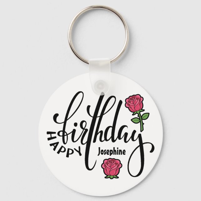 Personalized Birthday Pink Rose  Key Ring (Front)