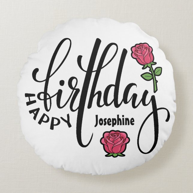 Personalized Birthday Pink Rose  Round Cushion (Front)