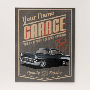 Personalized Black 1957 Chevy Garage Jigsaw Puzzle