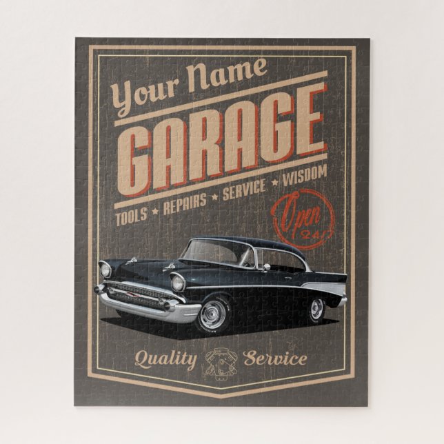 Personalized Black 1957 Chevy Garage Jigsaw Puzzle (Vertical)