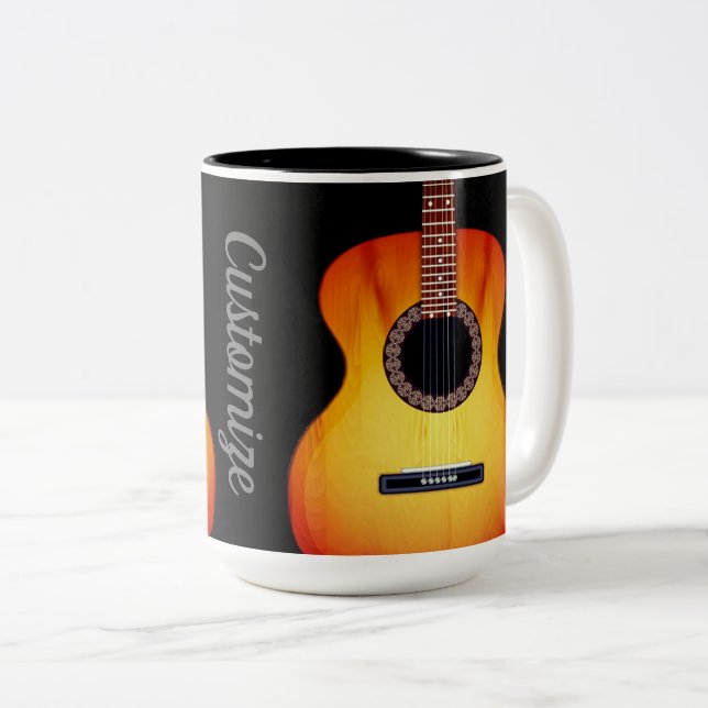 Personalized Black Acoustic Guitar Two-Tone Coffee Mug (Front Right)