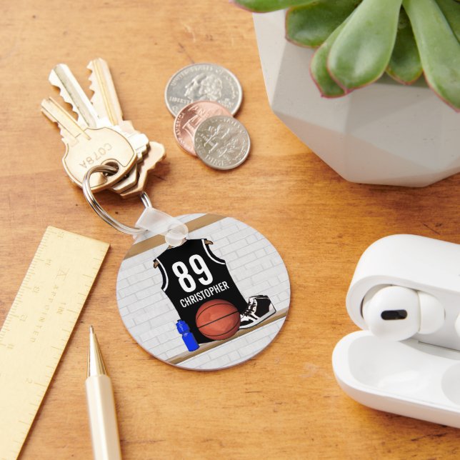 Personalized Black and White Basketball Jersey Key Ring (Desk)