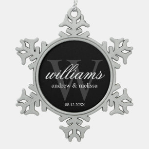 Personalized Black and White Monogram Snowflake Pewter Christmas Ornament