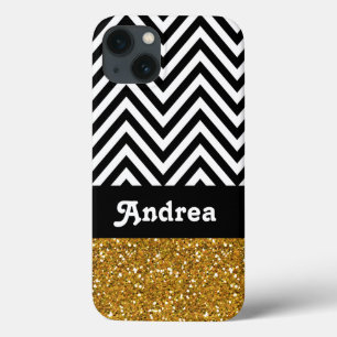 Personalized Black Chevron Gold Glitter Printed iPhone 13 Case