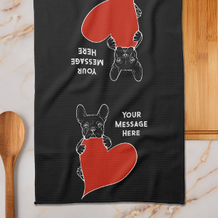 Personalized Black French Bulldog with a Red Heart Tea Towel