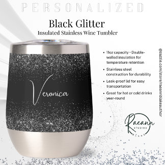 Personalized Black Glitter Stainless Wine Tumbler