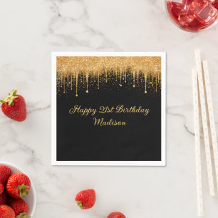 Personalized Black Gold Dripping Glitter Birthday Napkin