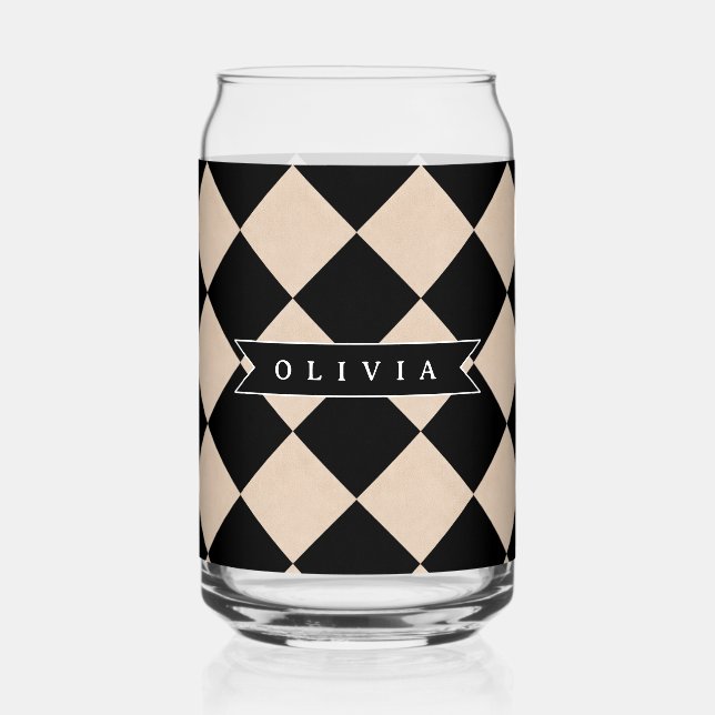 Personalized Black Harlequin Checkered Diamond Can Glass (Front)