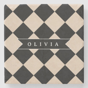 Personalized Black Harlequin Checkered Diamond Stone Coaster