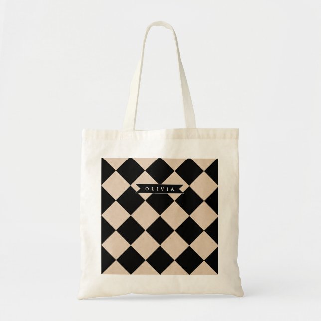 Personalized Black Harlequin Checkered Diamond Tote Bag (Front)