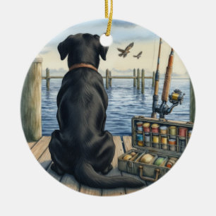 Personalized Black Lab fishing Pet Memorial Ceramic Ornament