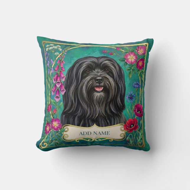 Personalized Black Lhasa Apso Floral Cushion (Front)