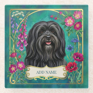 Personalized Black Lhasa Apso Floral Glass Coaster