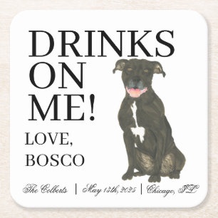 Personalized Black Pitbull Staffy Dog Wedding Square Paper Coaster