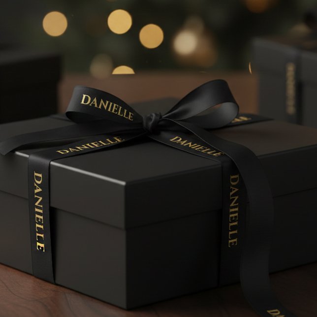 Personalized Black Ribbon with Gold Name Text Satin Ribbon (Creator Uploaded)