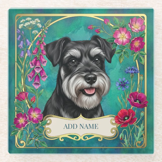 Personalized Black & Silver Schnauzer Teal Coaster (Front)