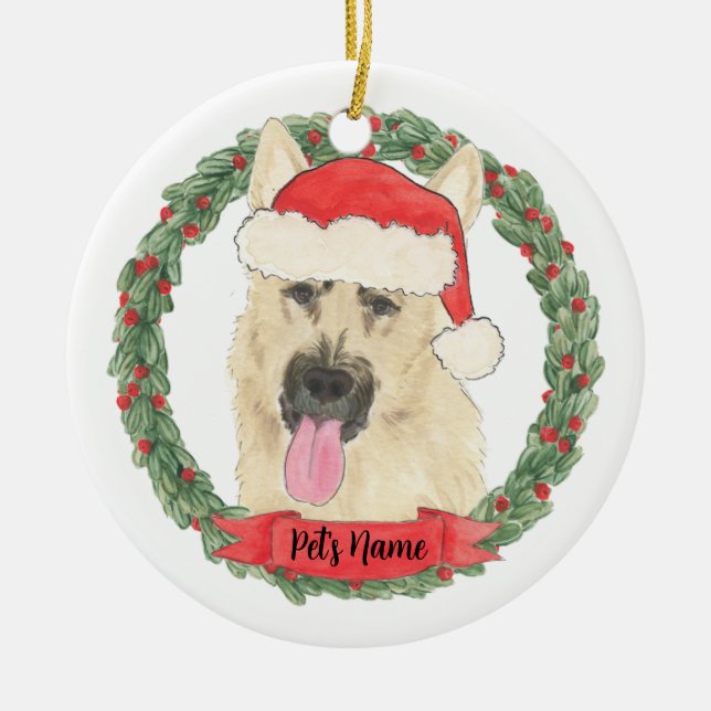 Personalized Black & Tan German Shepherd Christmas Ceramic Ornament (Front)