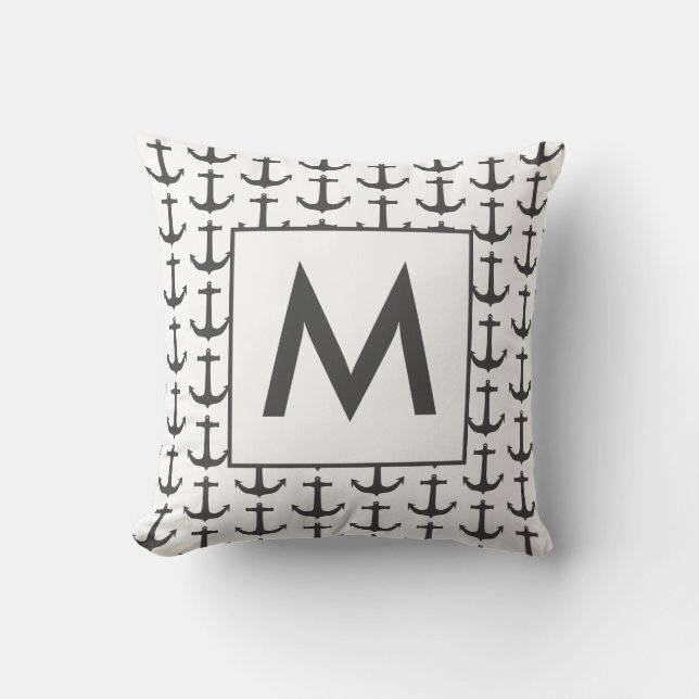 Personalized black white Nautical Anchor Cushion (Front)