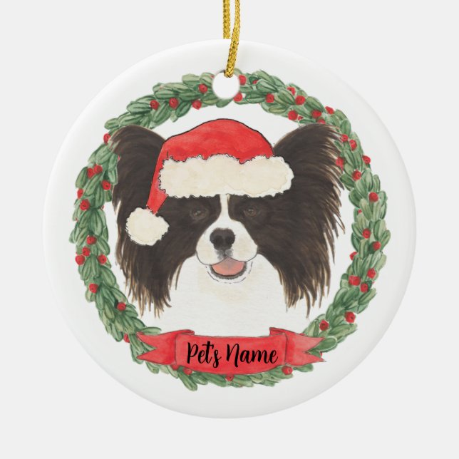 Personalized Black & White Papillon Ceramic Ornament (Front)