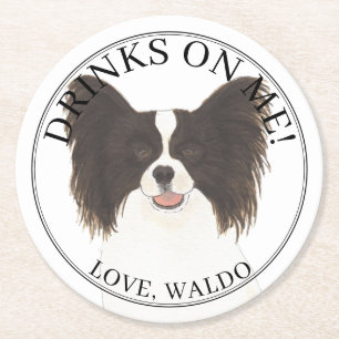 Personalized Black & White Papillon Dog Wedding Round Paper Coaster