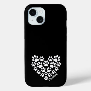 Personalized Black White Paw Print Heart iPhone 15 Case