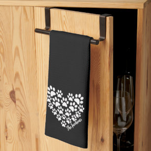 Personalized Black White Paw Print Heart Tea Towel