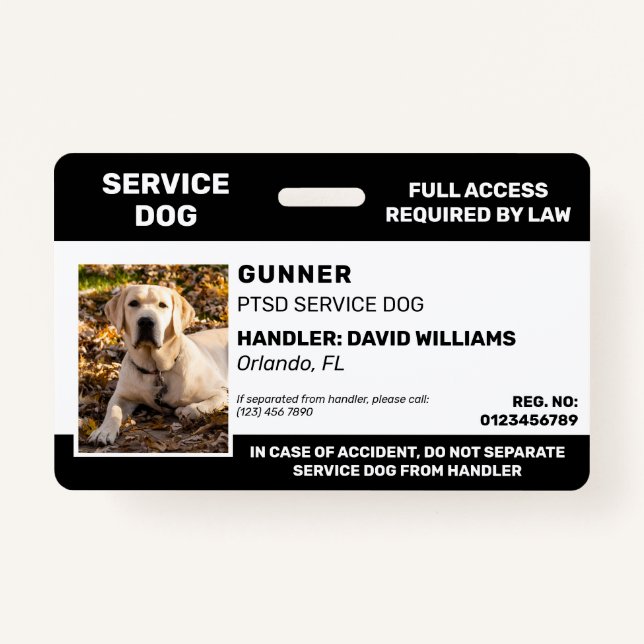 Personalized Black White Service Dog Photo ID Badge (Front)