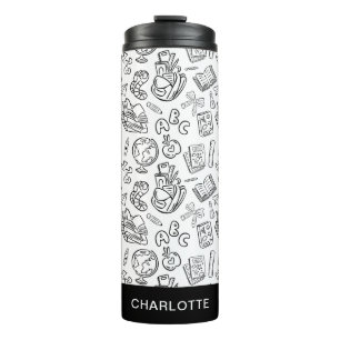 Personalized Black & White Teacher School Doodle Thermal Tumbler