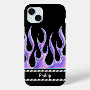 Personalized Black with 3D Purple Flames & Chrome  iPhone 15 Mini Case