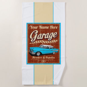 Personalized Blue 1957 Classic Car Garage Beach Towel