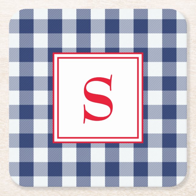Personalized Blue and White Buffalo Plaid Square Paper Coaster (Front)