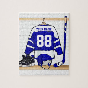 Personalized Blue and White Ice Hockey Jersey Jigsaw Puzzle