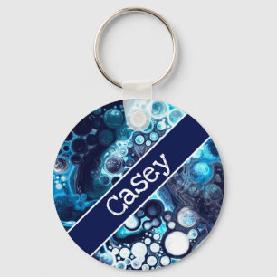 Personalized Blue and White Marble Fluid Art    Key Ring