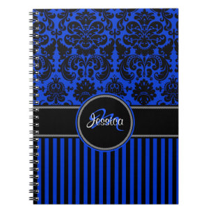 Personalized Blue Black White Striped Damask Notebook