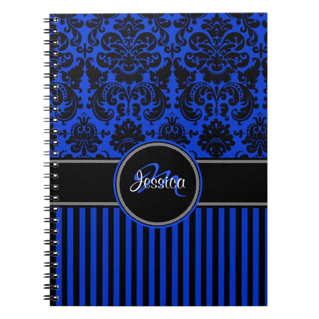 Personalized Blue Black White Striped Damask Notebook (Front)