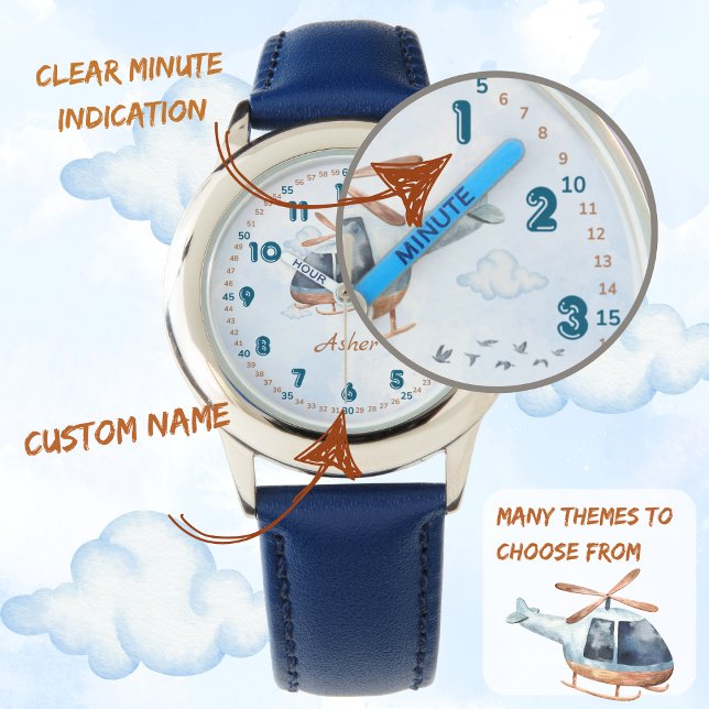 Personalized Blue Boys Helicopter Learning Time Watch (Creator Uploaded)