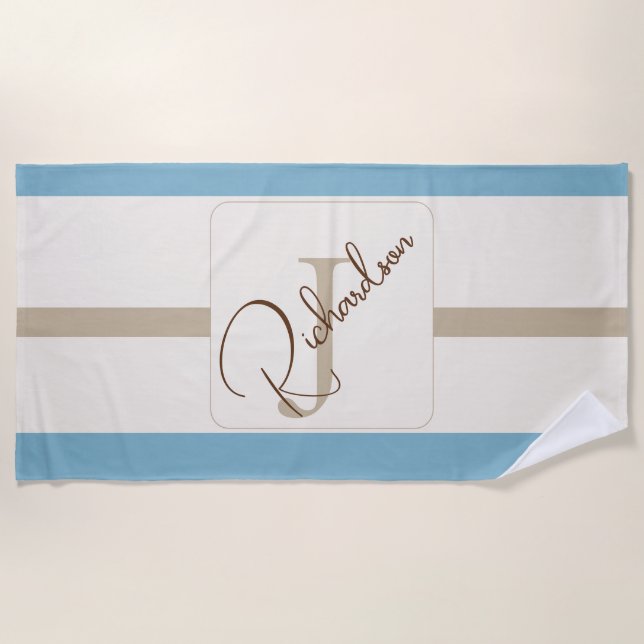 Personalized Blue Brown Stripe Monogram Coastal  Beach Towel (Front)