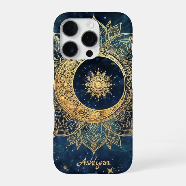 Personalized Blue Celestial Gold Sun Moon Mandala  iPhone Case (Back)