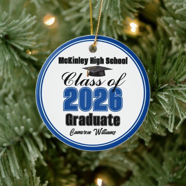 Personalized Blue Class of 2026 Graduation Photo Ceramic Ornament (Tree)