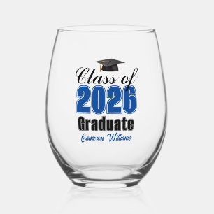 Personalized Blue Class of 2026 Graduation Stemless Wine Glass