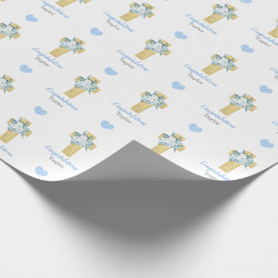 Personalized Blue Cross Boy Baptism Communion Wrapping Paper