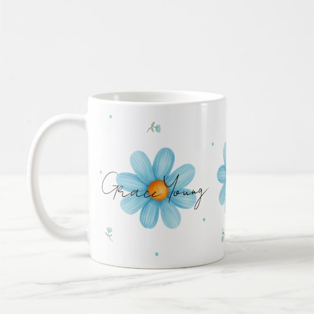 Personalized Blue Daisy Floral Name Custom Design  Coffee Mug (Left)